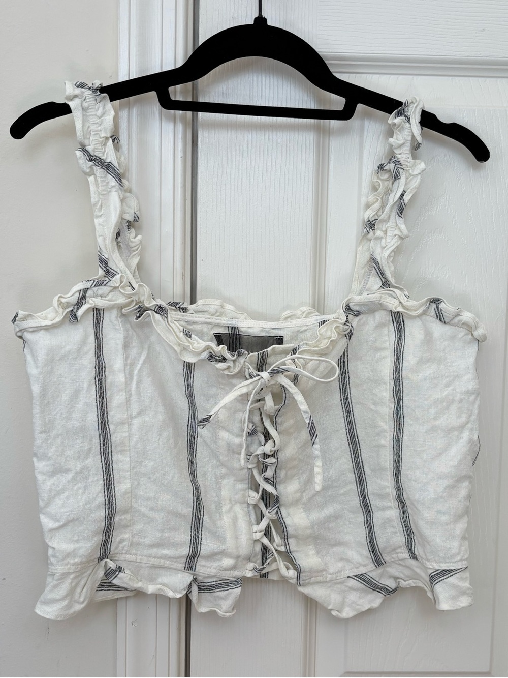 Reformation 100% Linen Bayley Top with Ruffles and Lace Up Front